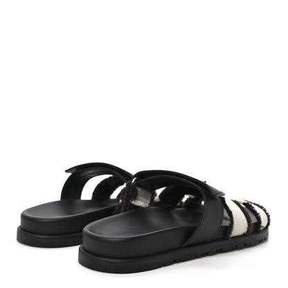Hermes H Canvas Calfskin Fringed Chypre Sandals 38 Prunoir Black 4 of 9