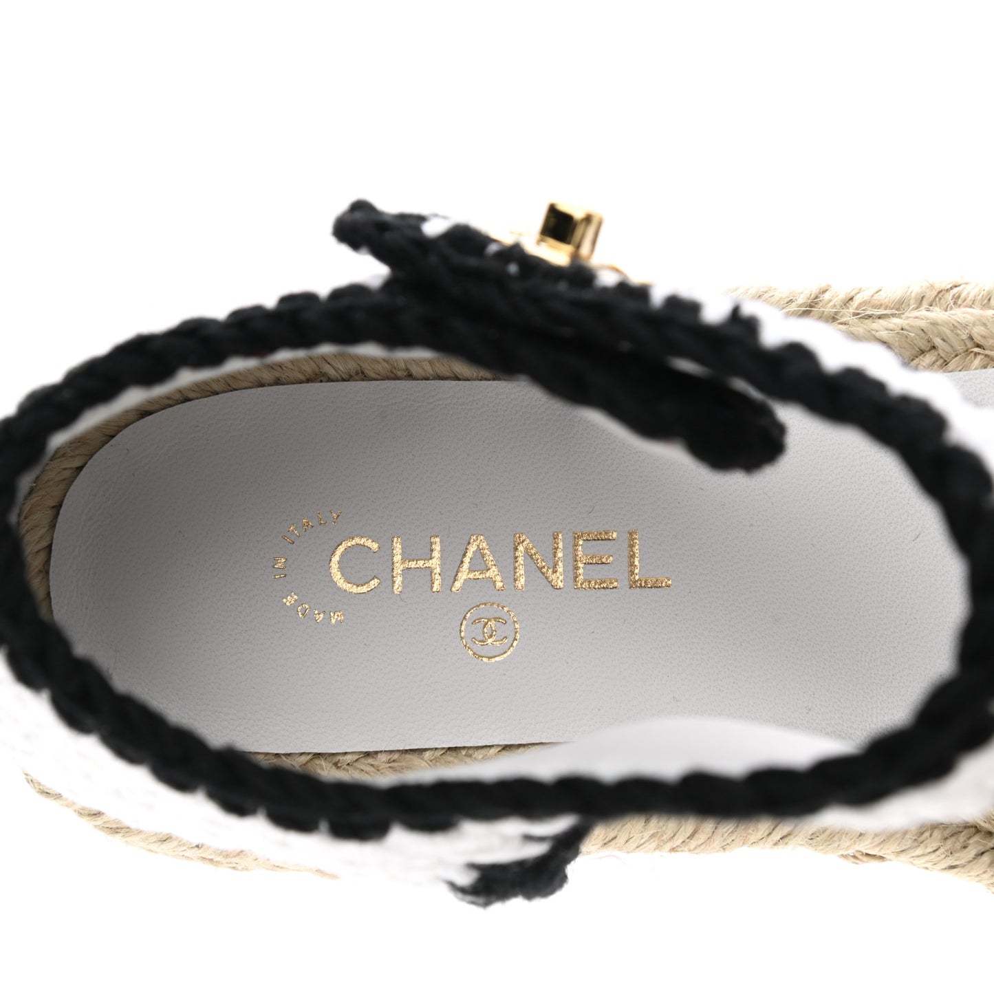 Braided Knit Cap Toe CC Ankle Strap Espadrilles 38 White Black