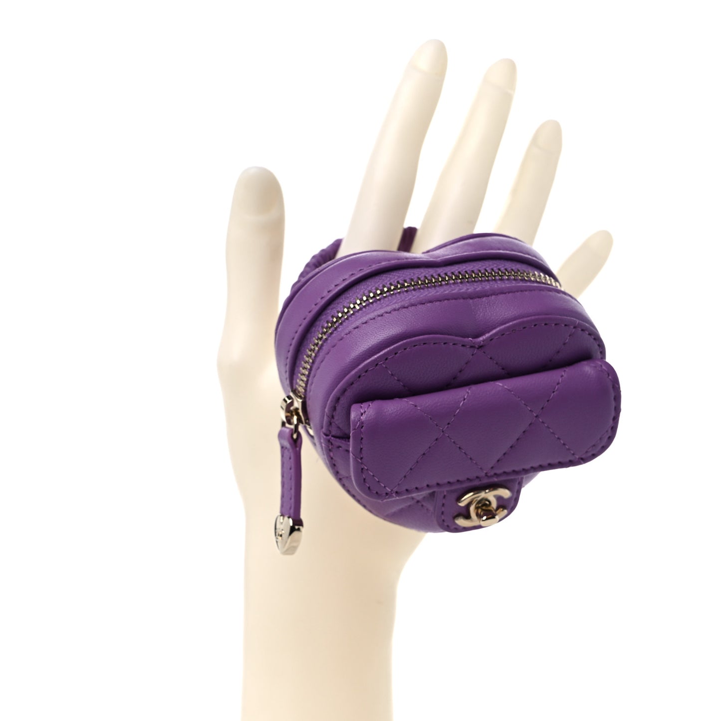 Lambskin Quilted CC In Love Heart Zipped Arm Coin Purse Purple