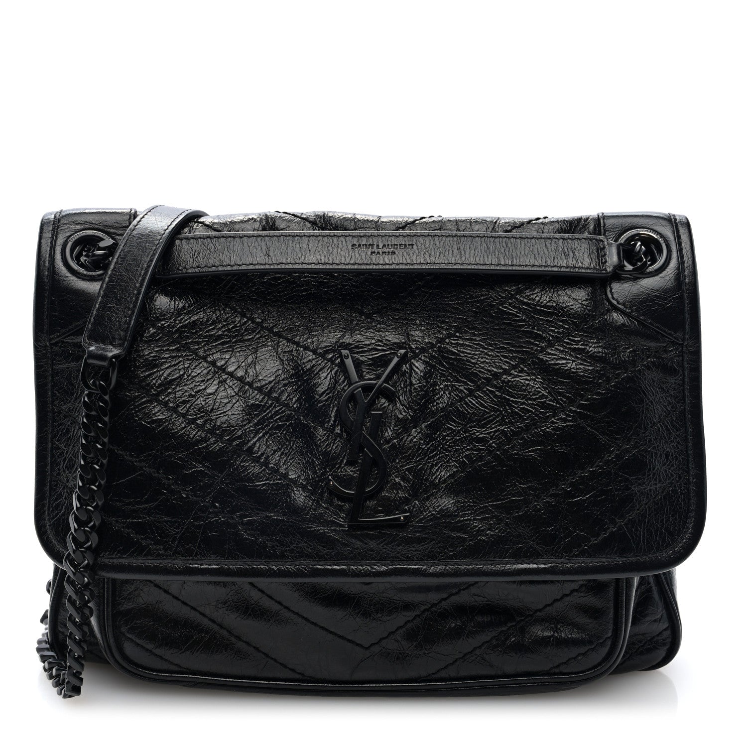 Saint Laurent Crinkled Calfskin Matelasse Monogram Medium Niki Chain Satchel Black 1 of 9