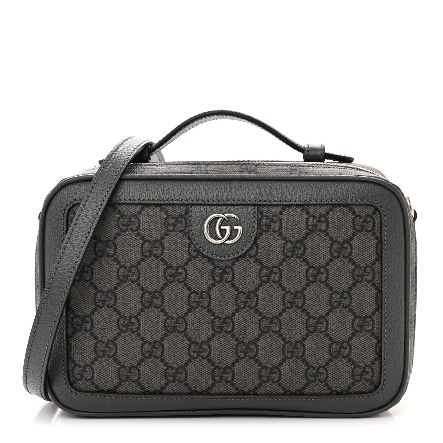 GG Supreme Monogram Textured Dollar Calfskin Small Ophidia Top Handle Shoulder Grey Black Graphite Grey