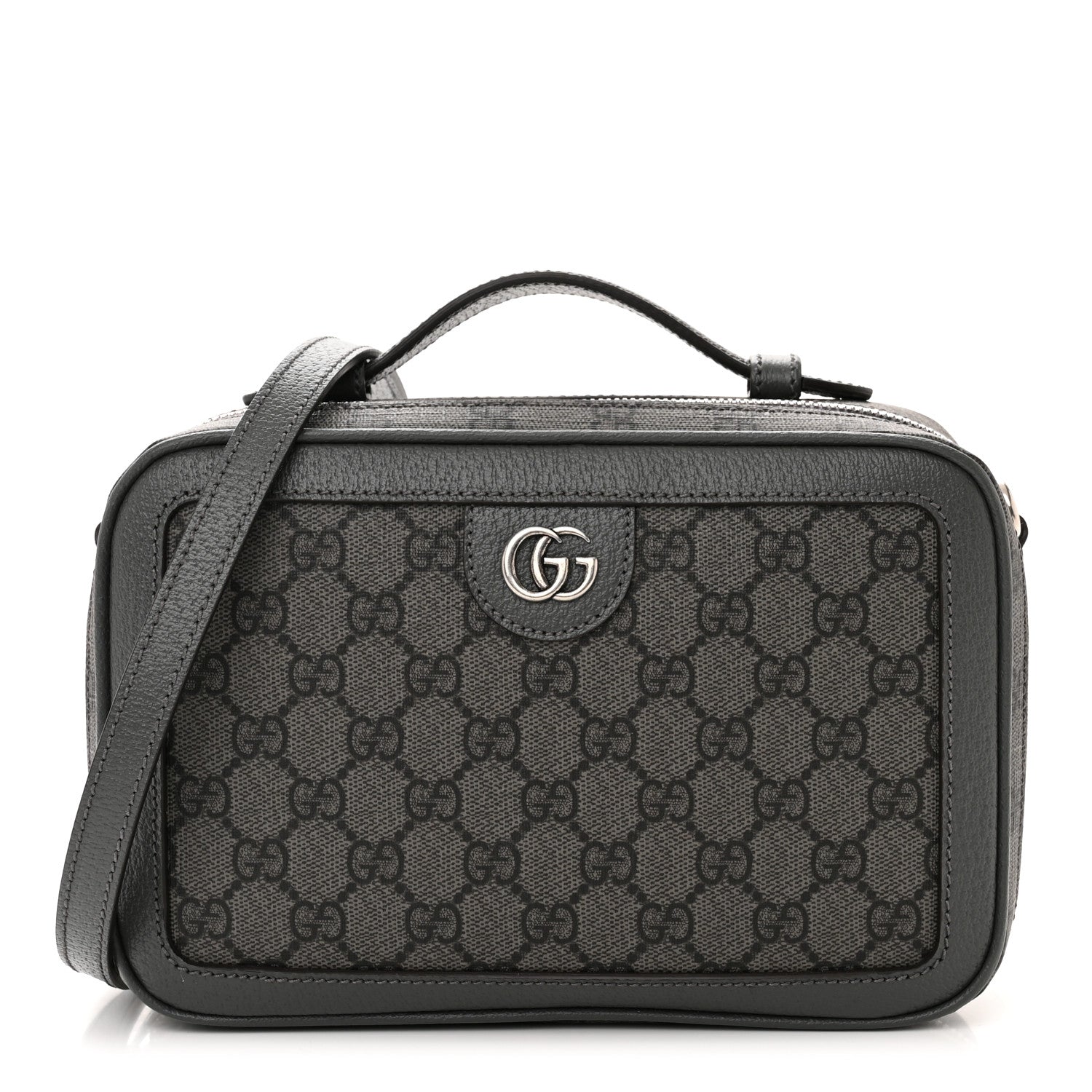 Gucci GG Supreme Monogram Textured Dollar Calfskin Small Ophidia Top Handle Shoulder Grey Black Graphite Grey 1 of 10