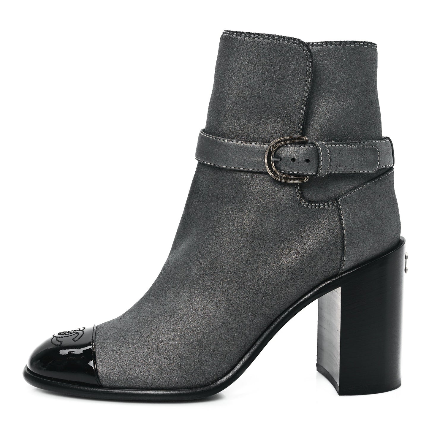 Suede Kidskin Patent Cap Toe Interlocking CC Ankle Boots 39 Dark Silver Black