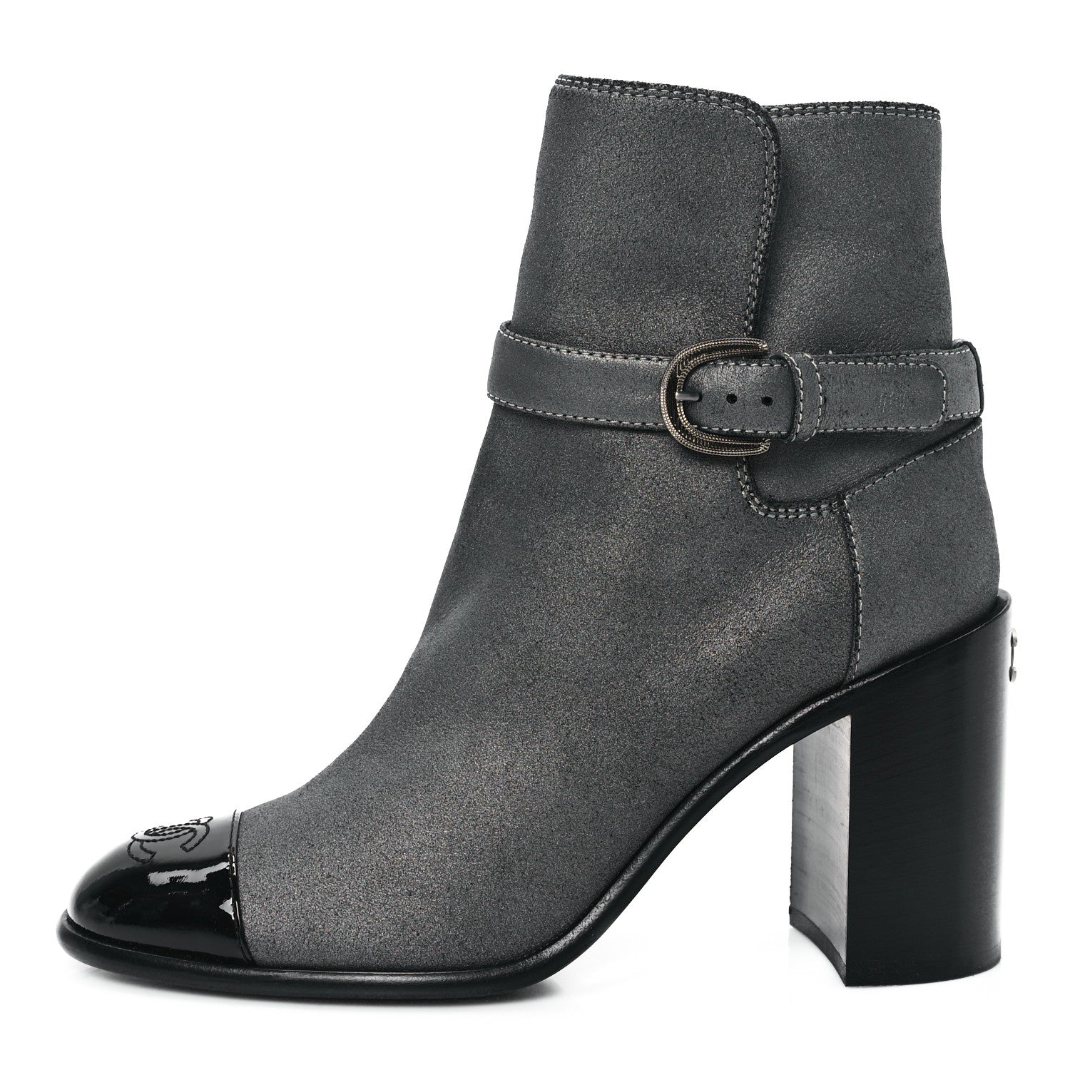 Chanel Suede Kidskin Patent Cap Toe Interlocking CC Ankle Boots 39 Dark Silver Black 1 of 9