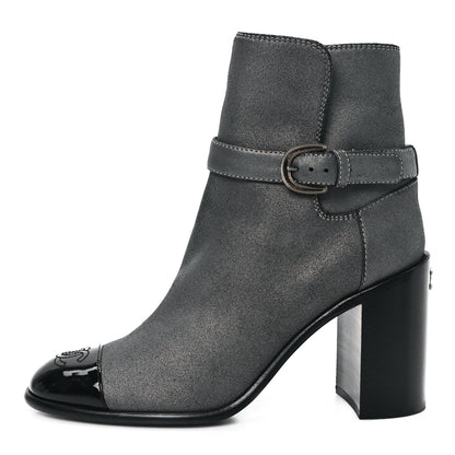 Chanel Suede Kidskin Patent Cap Toe Interlocking CC Ankle Boots 39 Dark Silver Black 1 of 9
