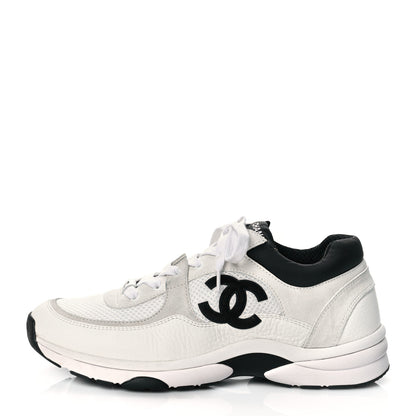 Chanel Mesh Suede Calfskin Grained Calfskin Womens CC Sneakers 41 White Black 1 of 9