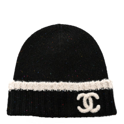 Chanel Cashmere Silk CC Beanie Hat Black Ecru 1 of 4