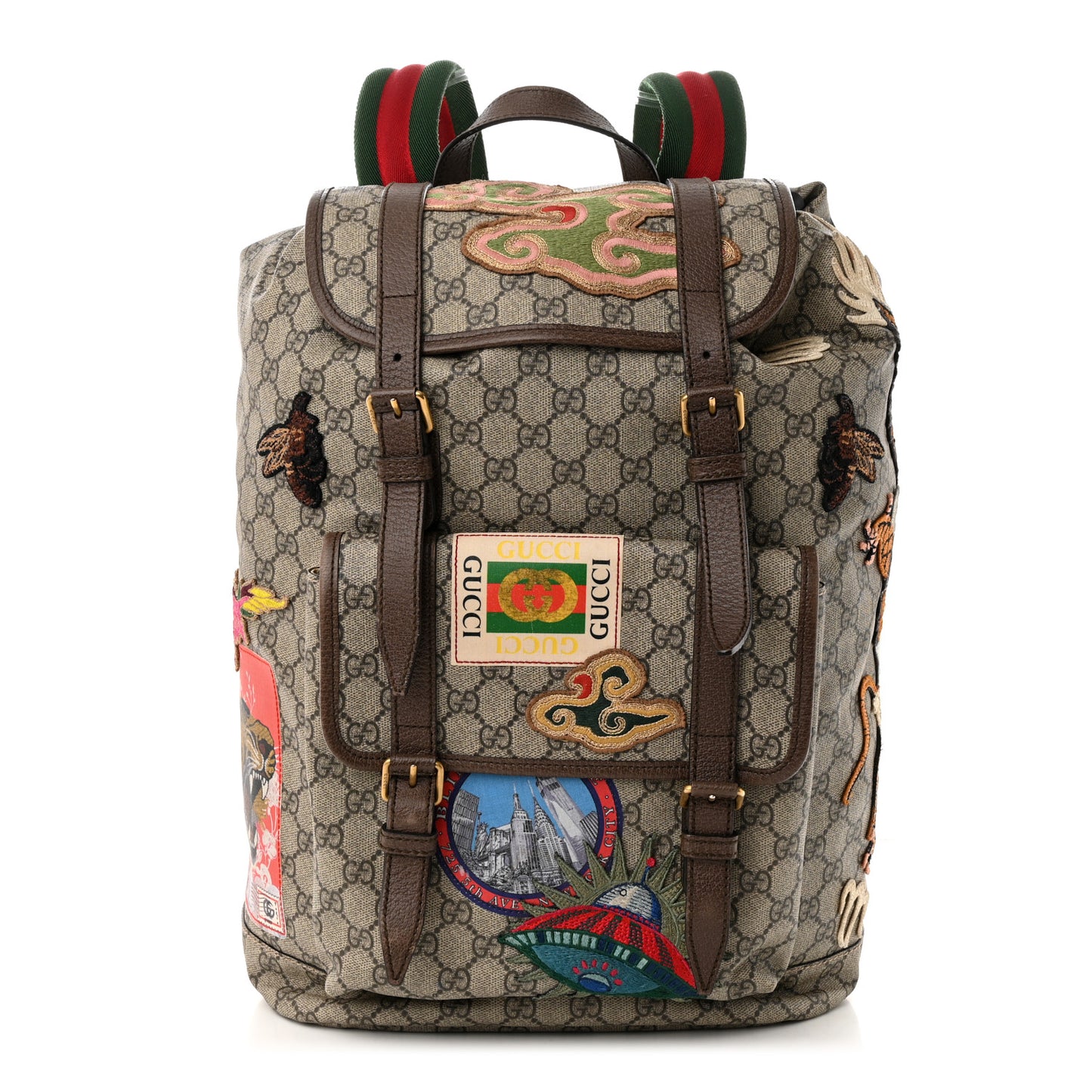 Soft GG Supreme Monogram Courrier Web Double Buckle Backpack Beige New Acero