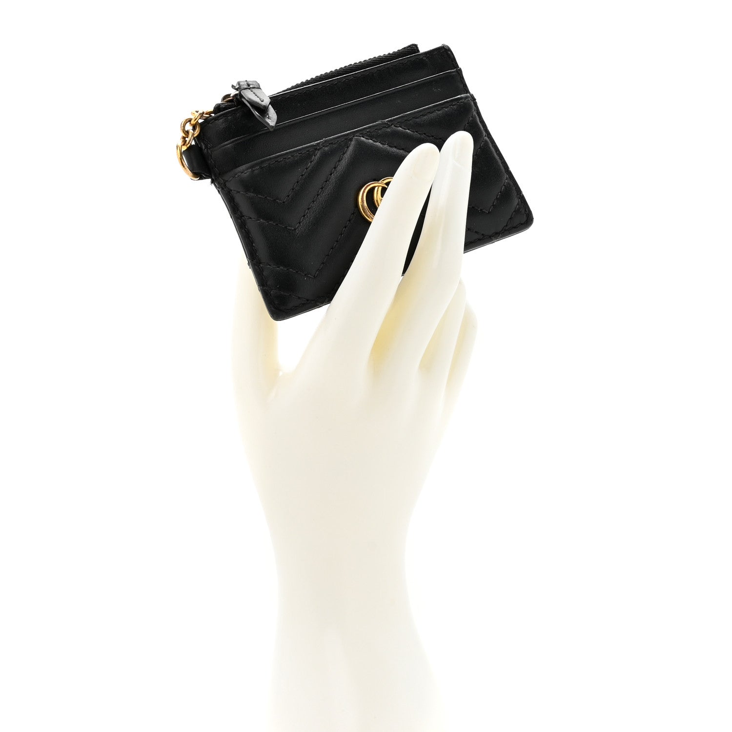 Gucci Calfskin Matelasse Chevron GG Marmont Key Case Card Holder Black 2 of 11