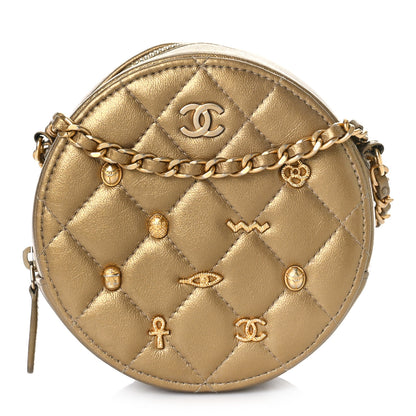 Chanel Metallic Lambskin Quilted Egyptian Amulet Round Clutch With Chain Gold 1 of 9