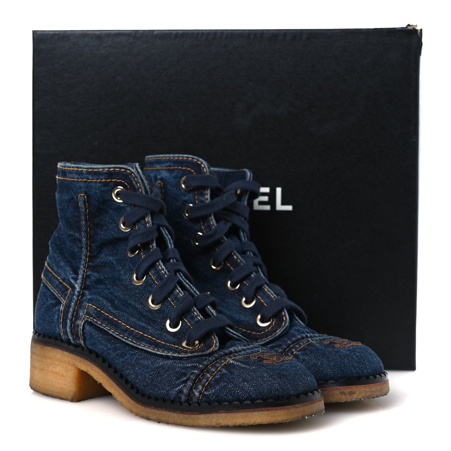 Chanel Denim Lace Up Boots 36.5 Navy Blue 11 of 11
