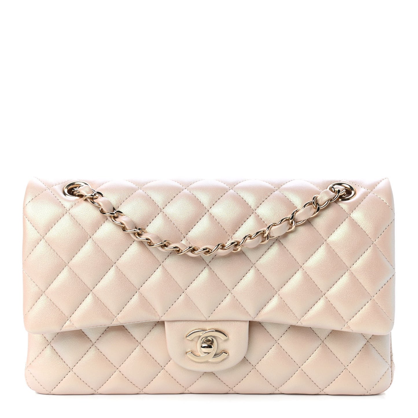 Iridescent Calfskin Quilted Medium Double Flap Beige