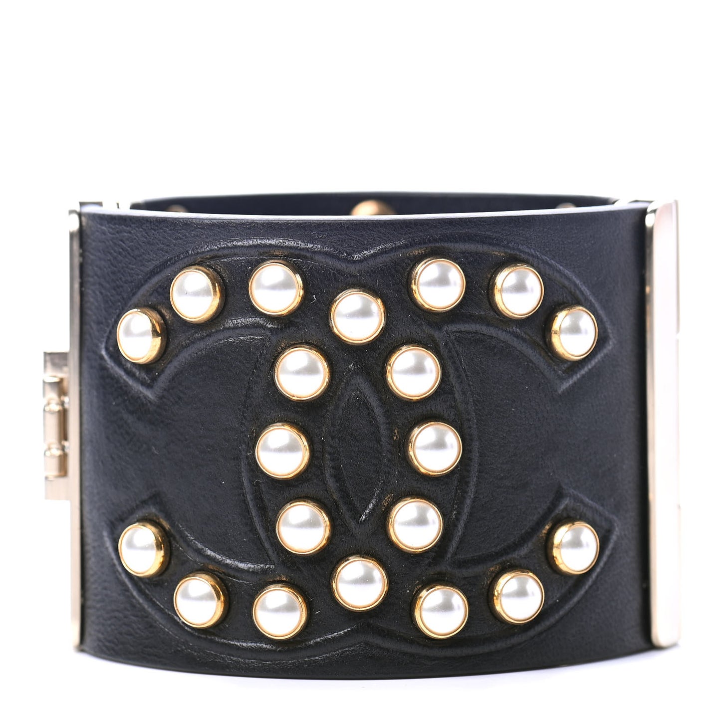 Lambskin Calfskin Pearl CC Cuff Bracelet Black Gold