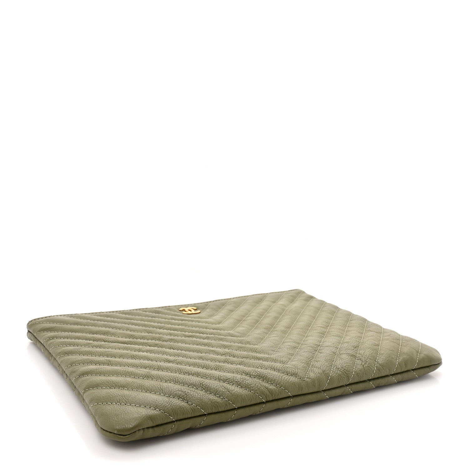 Chanel Calfskin Chevron Quilted Medium Cosmetic Case Khaki 4 of 8