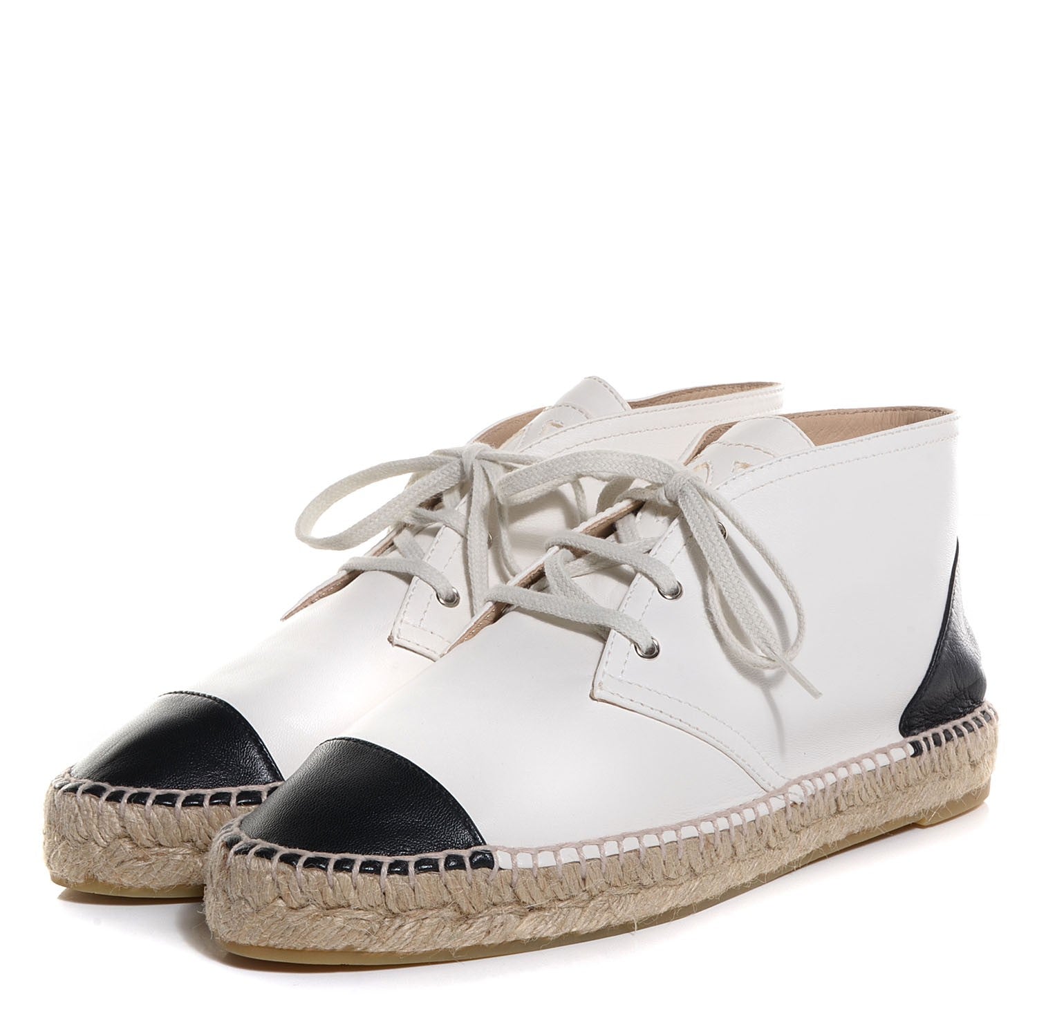 Chanel Lambskin Cap Toe Lace Up Espadrilles 38 White Black 3 of 9
