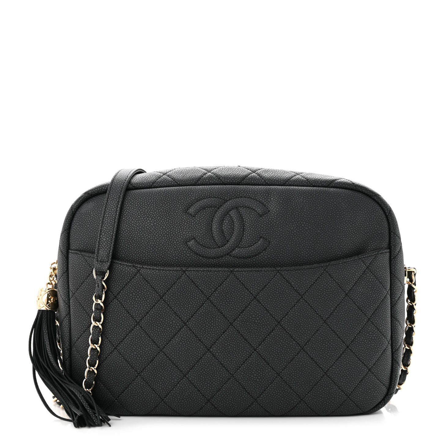 Caviar Quilted Large Coco Tassel Camera Case Black