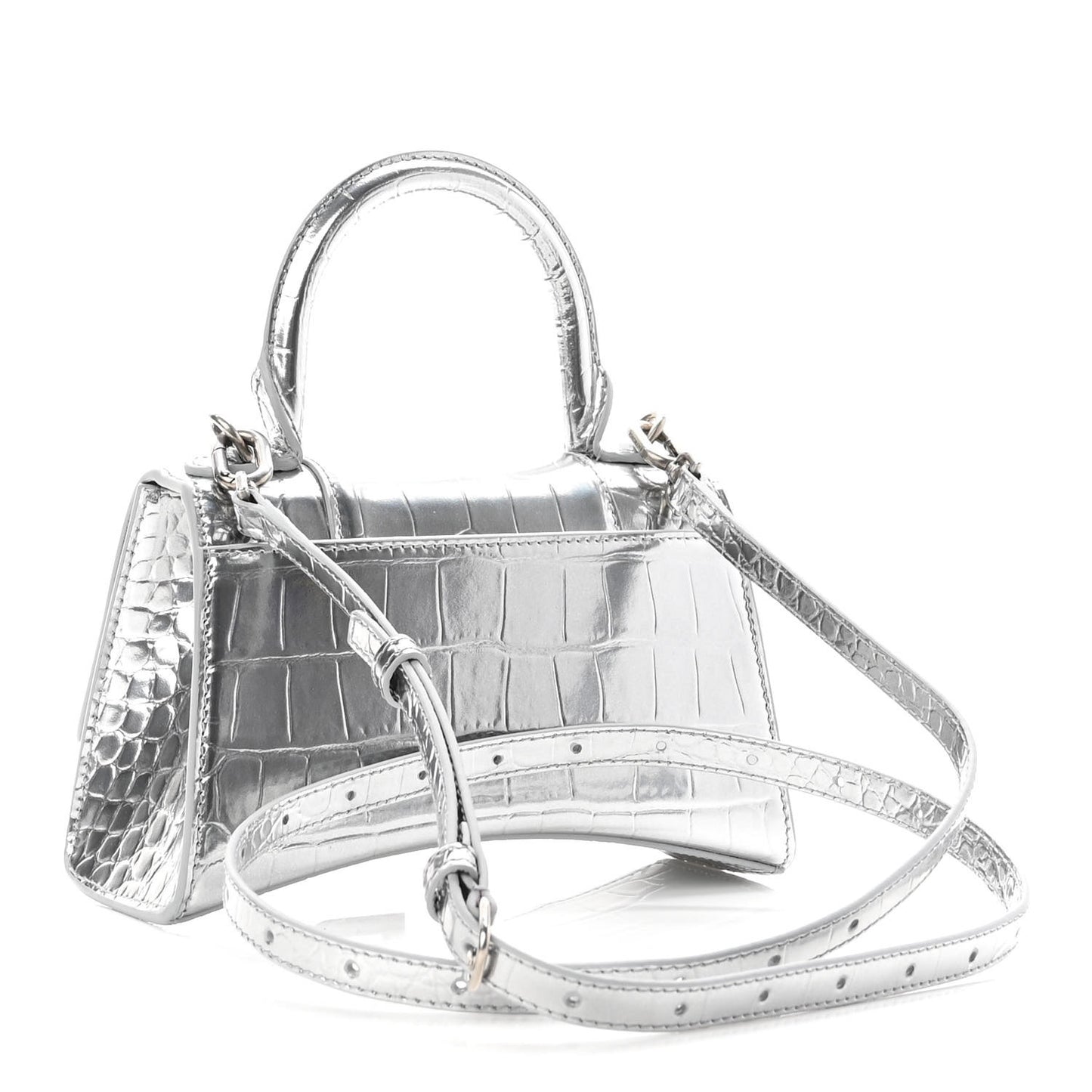 Metallic Calfskin Crocodile Embossed Hourglass Top Handle Bag XS Silver