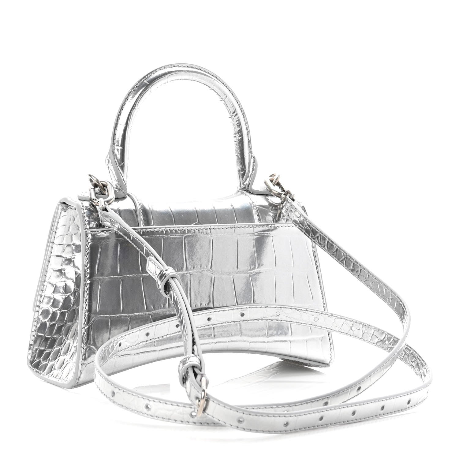 Balenciaga Metallic Calfskin Crocodile Embossed Hourglass Top Handle Bag XS Silver 3 of 9