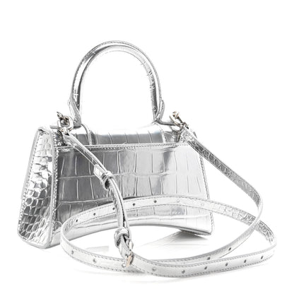 Balenciaga Metallic Calfskin Crocodile Embossed Hourglass Top Handle Bag XS Silver 3 of 9