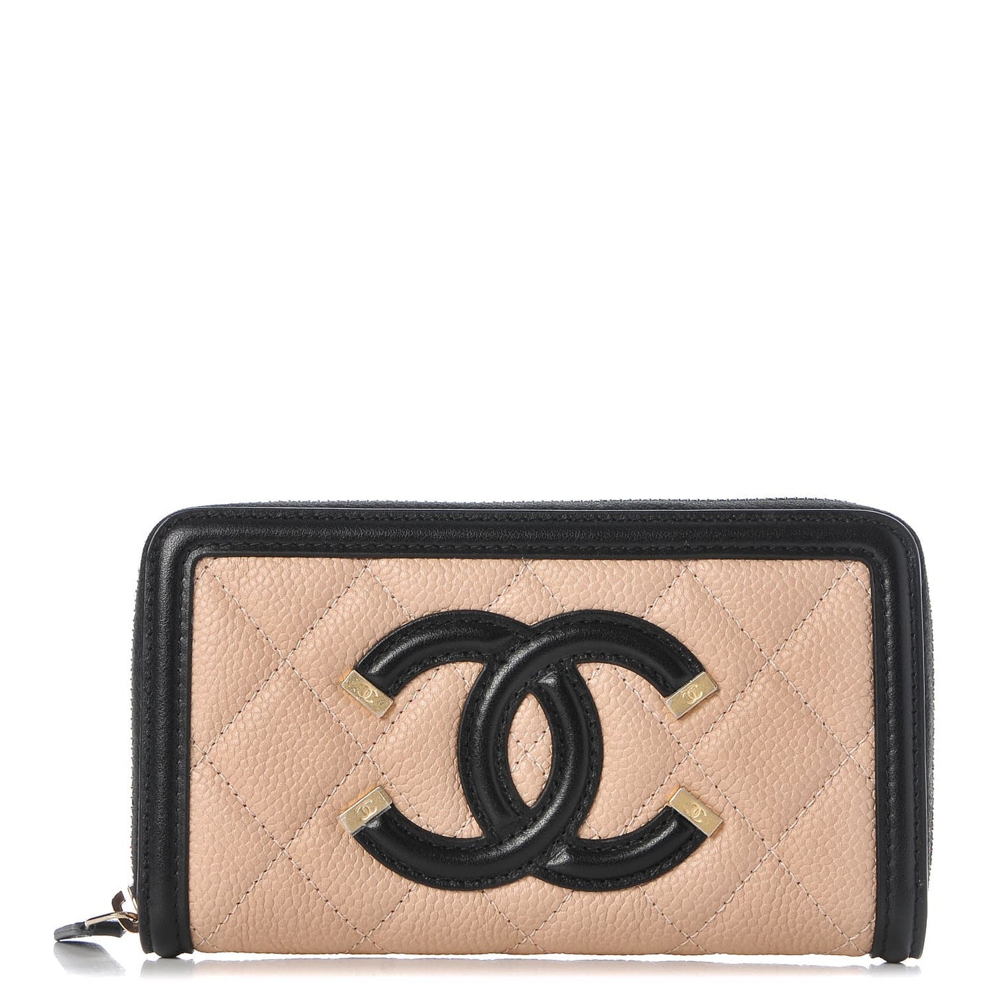 Caviar Quilted Small Filigree Zip Around Wallet Beige Black
