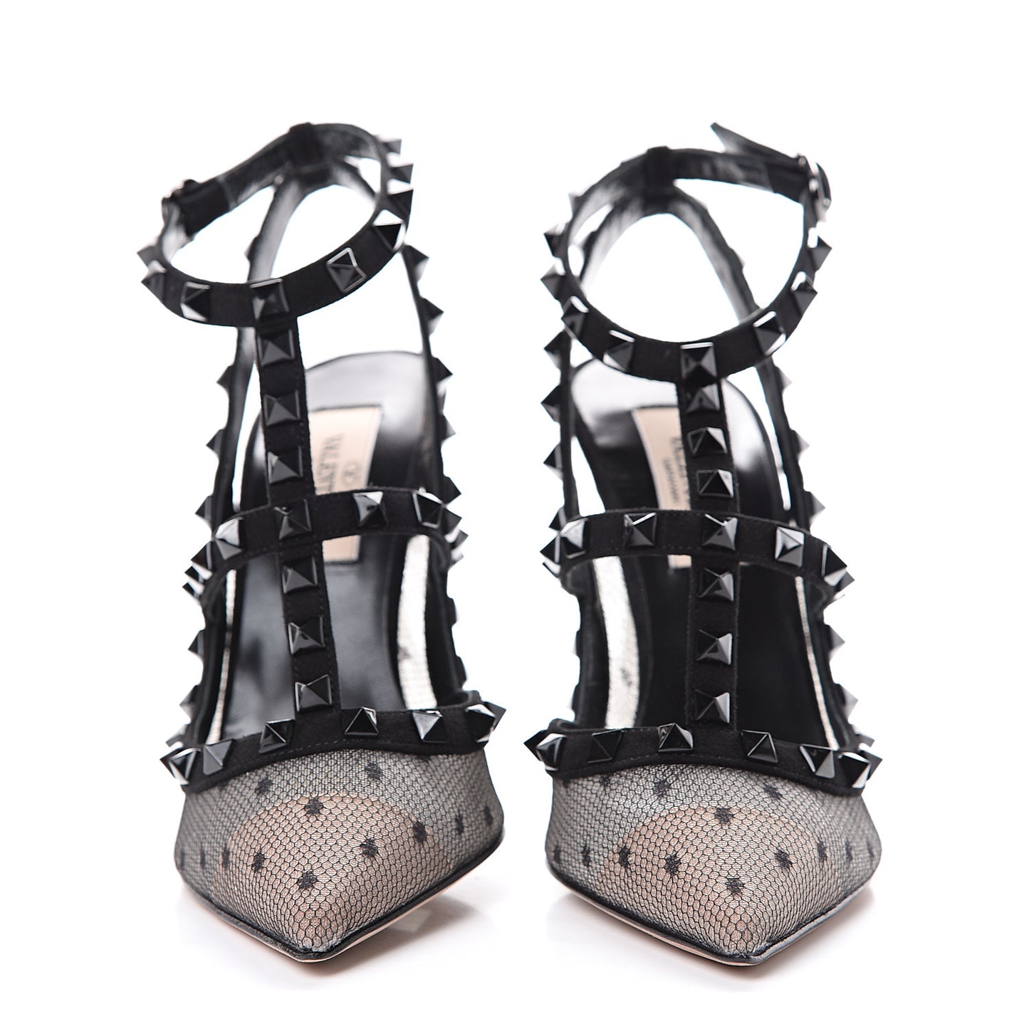 Mesh Point d'Esprit Suede Rockstud Ankle Strap 100mm Pumps 36 Black