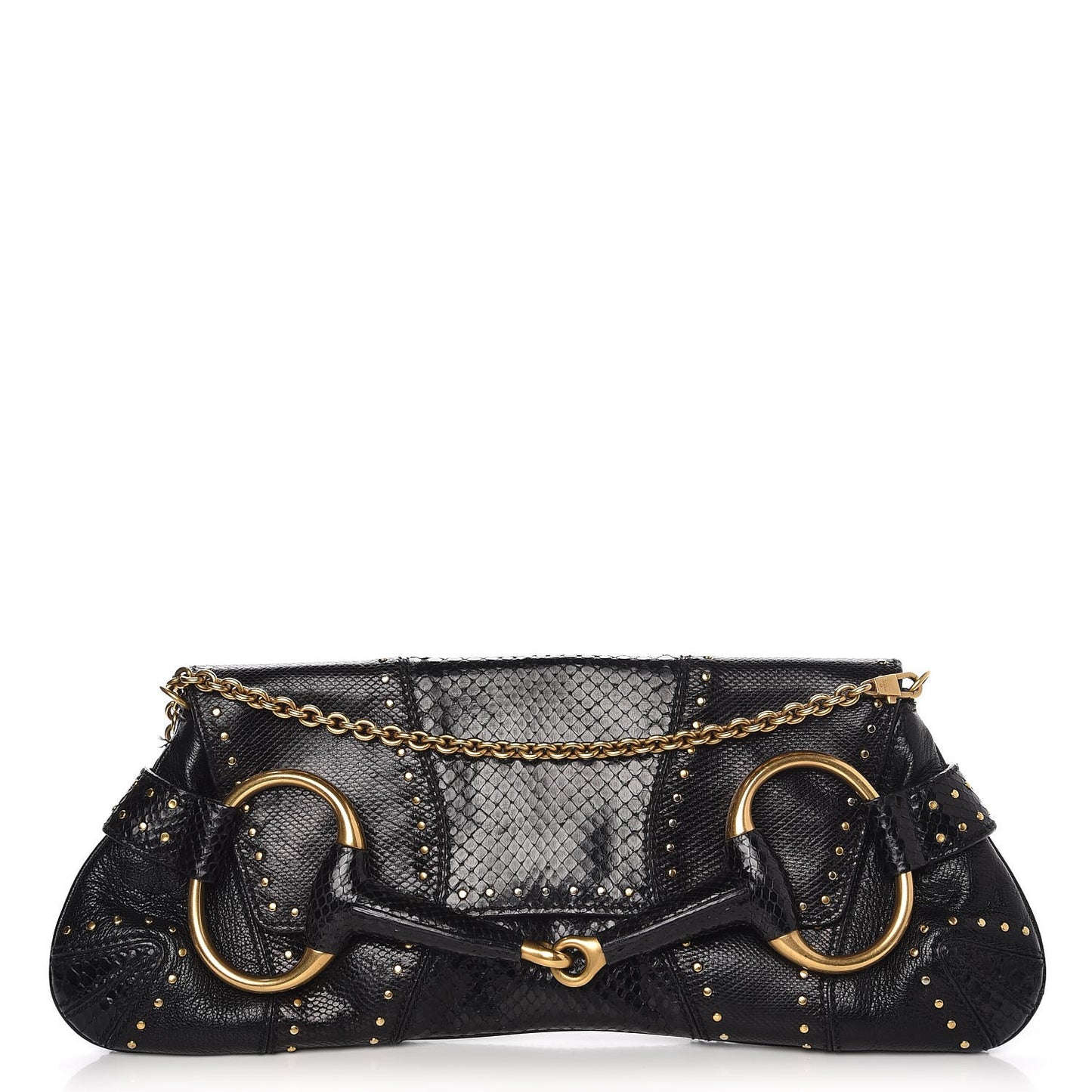 Python Studded Horsebit Chain Clutch Black