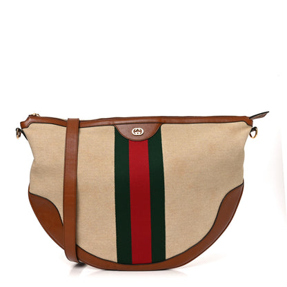 Gucci Vintage Canvas Calfskin Web Large Ophidia Half Moon Hobo Sand Light Cuir 1 of 9