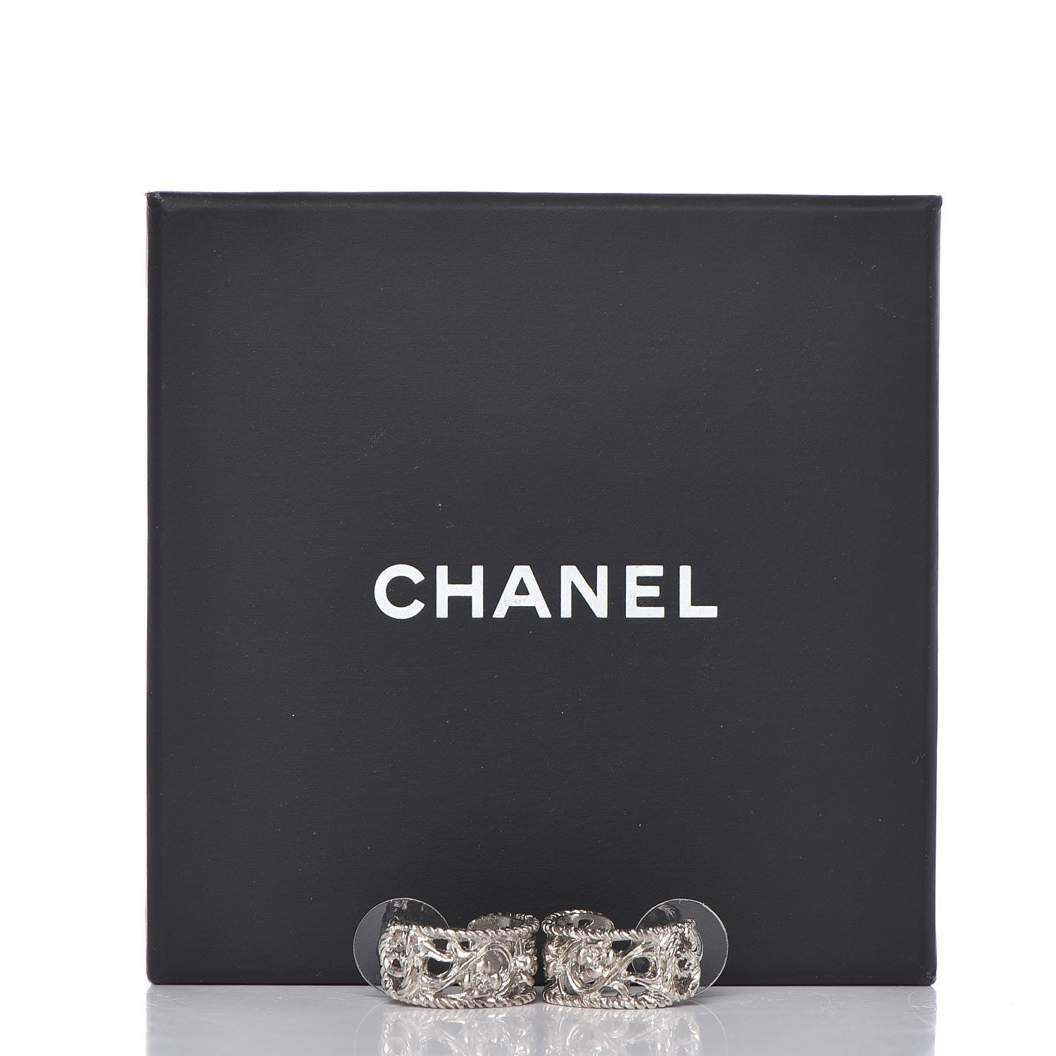 Chanel CC Camellia Hoop Earrings Silver 4 of 4
