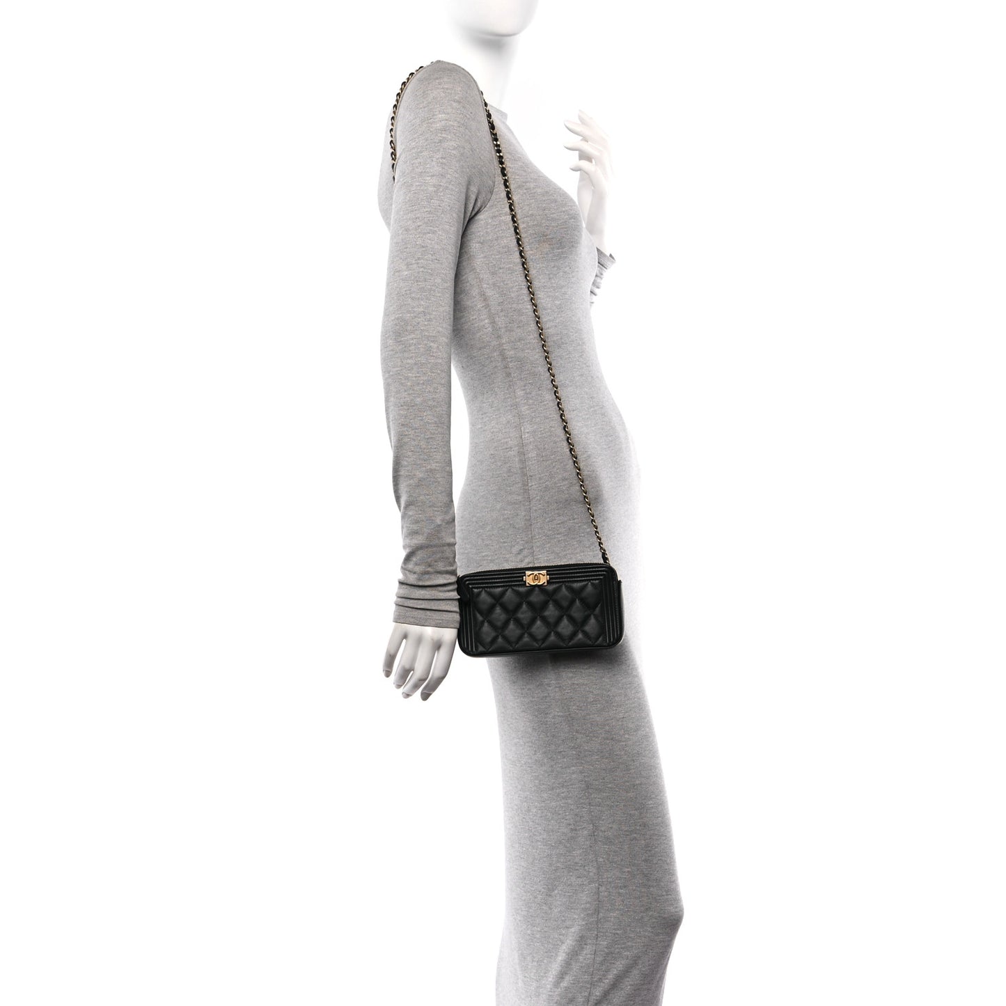 Lambskin Quilted Small Boy Clutch With Chain Black
