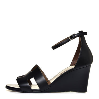 Hermes Calfskin Legend Wedge Sandals 40 Black 1 of 12