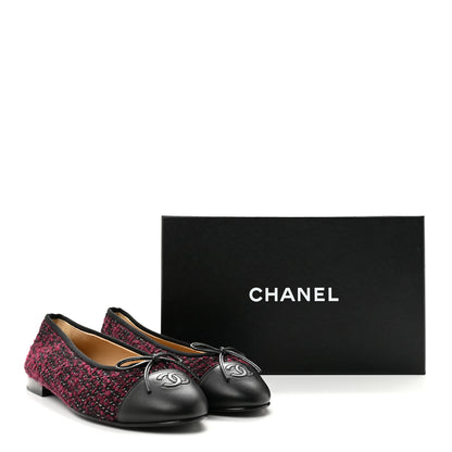 Chanel Wool Cotton Tweed Lambskin Cap Toe Ballerina Flats 39.5 Dark Pink Black Silver 10 of 10