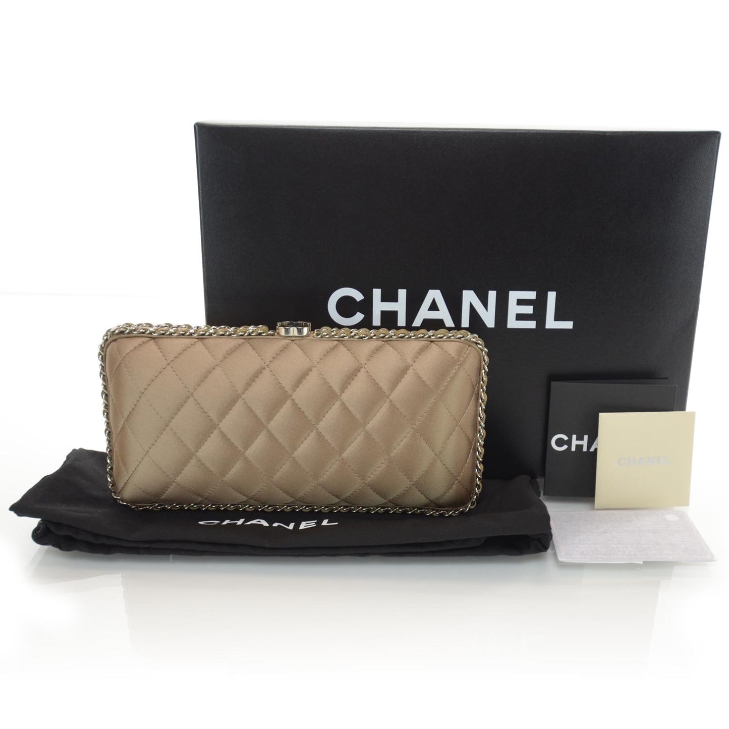 Satin Quilted Chain Around Clutch Beige