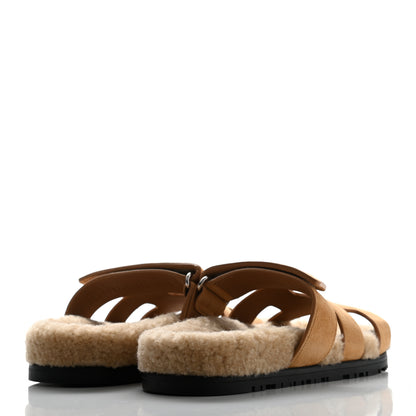 Hermes Suede Goatskin Woolskin Womens Chypre Sandals 36.5 Golden Beige 4 of 9
