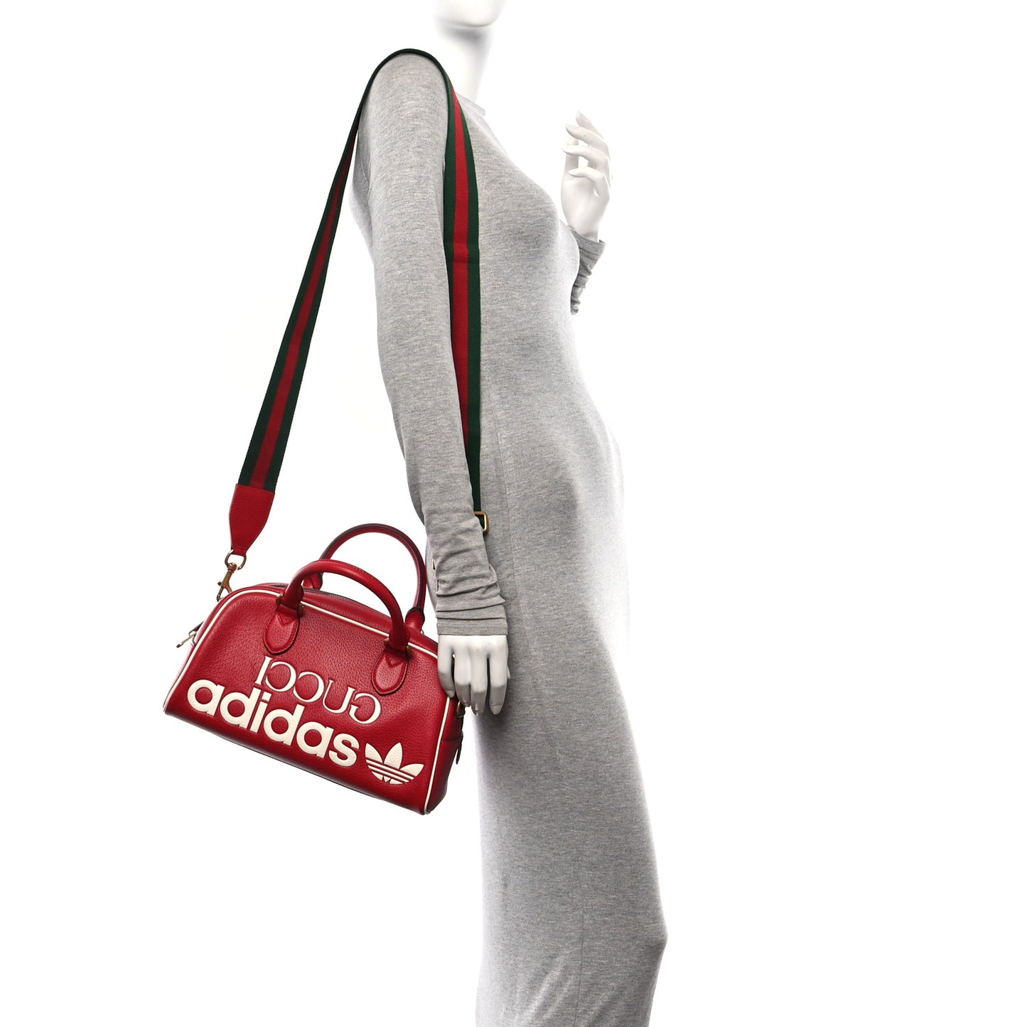 X ADIDAS Textured Dollar Calfskin Web Trefoil Logo Embossed Mini Bowling Bag Red Off White