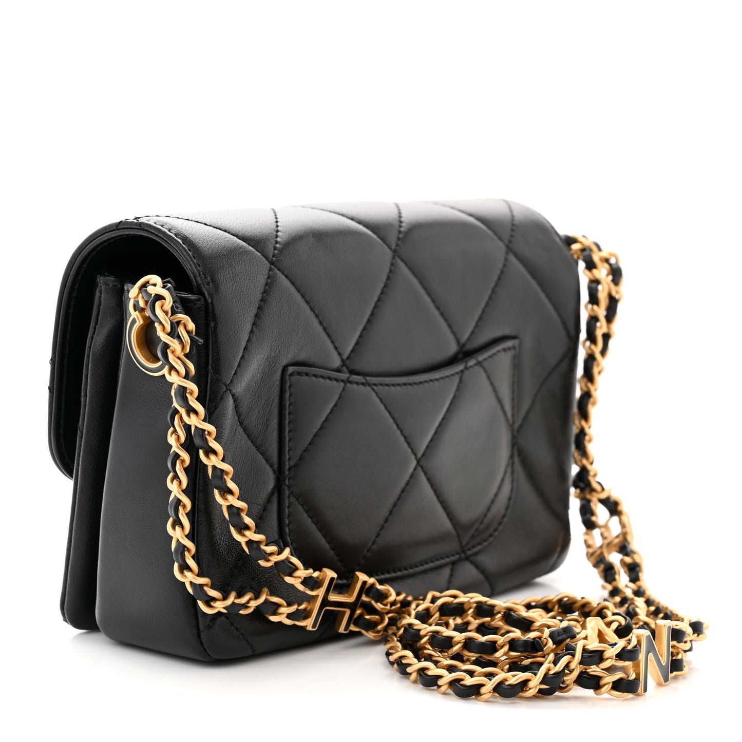 Lambskin Quilted Enamel Chain Logo Mini Flap Black