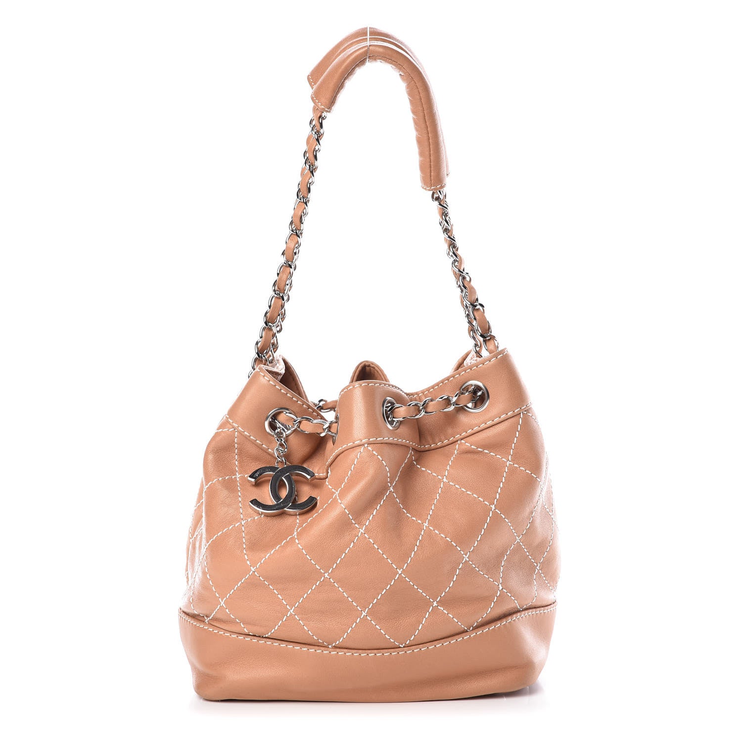Chanel Lambskin Contrast Stitch Small Drawstring Tote Camel 1 of 13