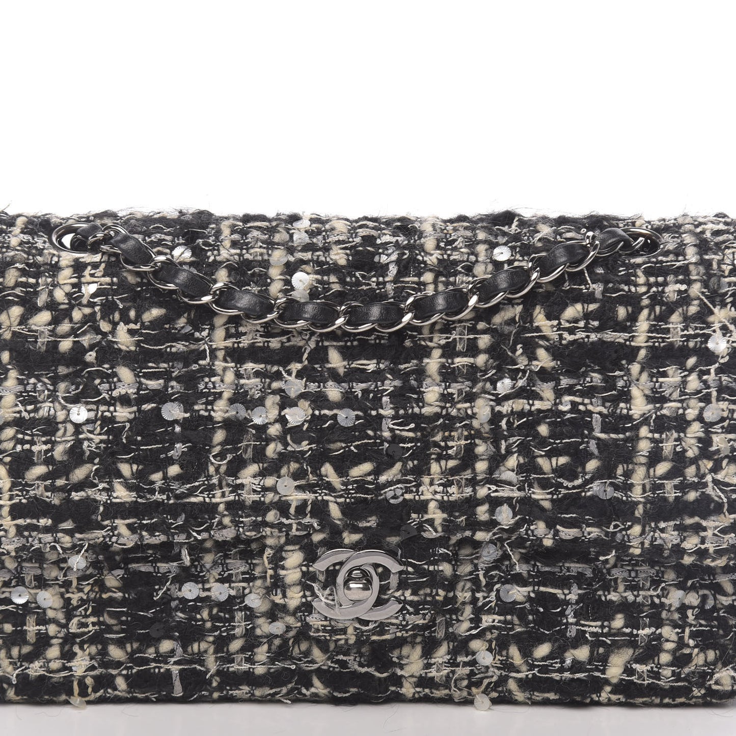 Tweed Sequin Quilted Medium Double Flap Black