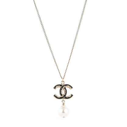 Chanel Enamel CC Baroque Pearl Drop Necklace Black Gold 1 of 4