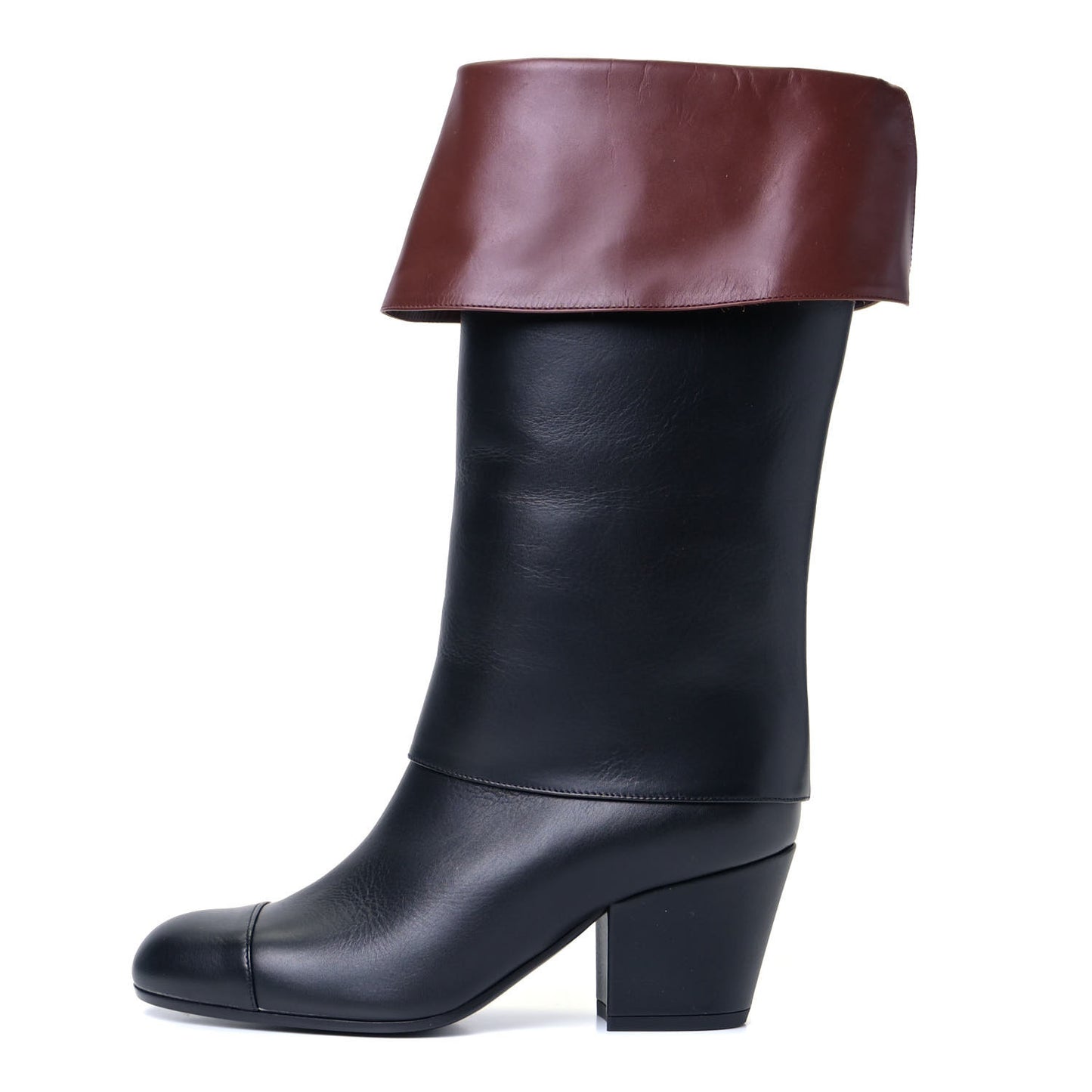 Calfskin CC Fold Over Boots 36 Black Brown