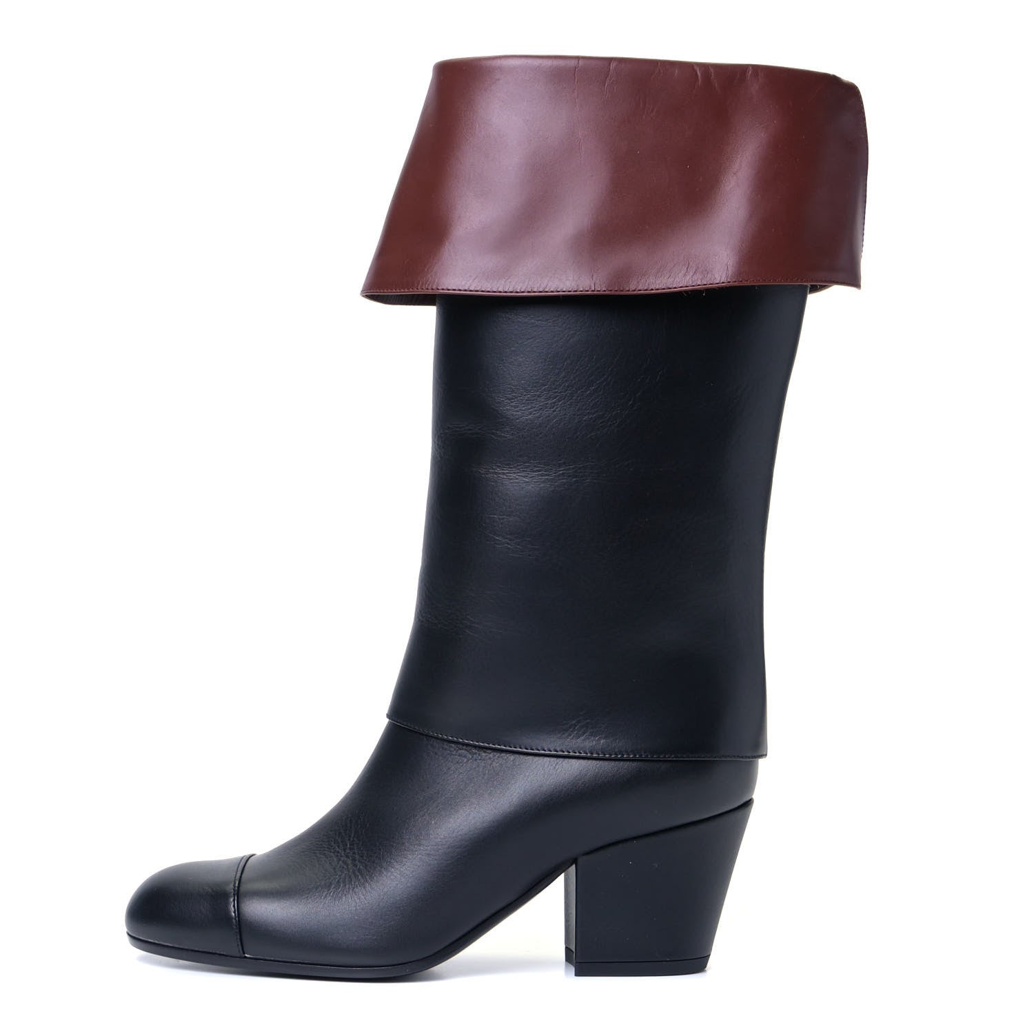 Chanel Calfskin CC Fold Over Boots 36 Black Brown 1 of 7