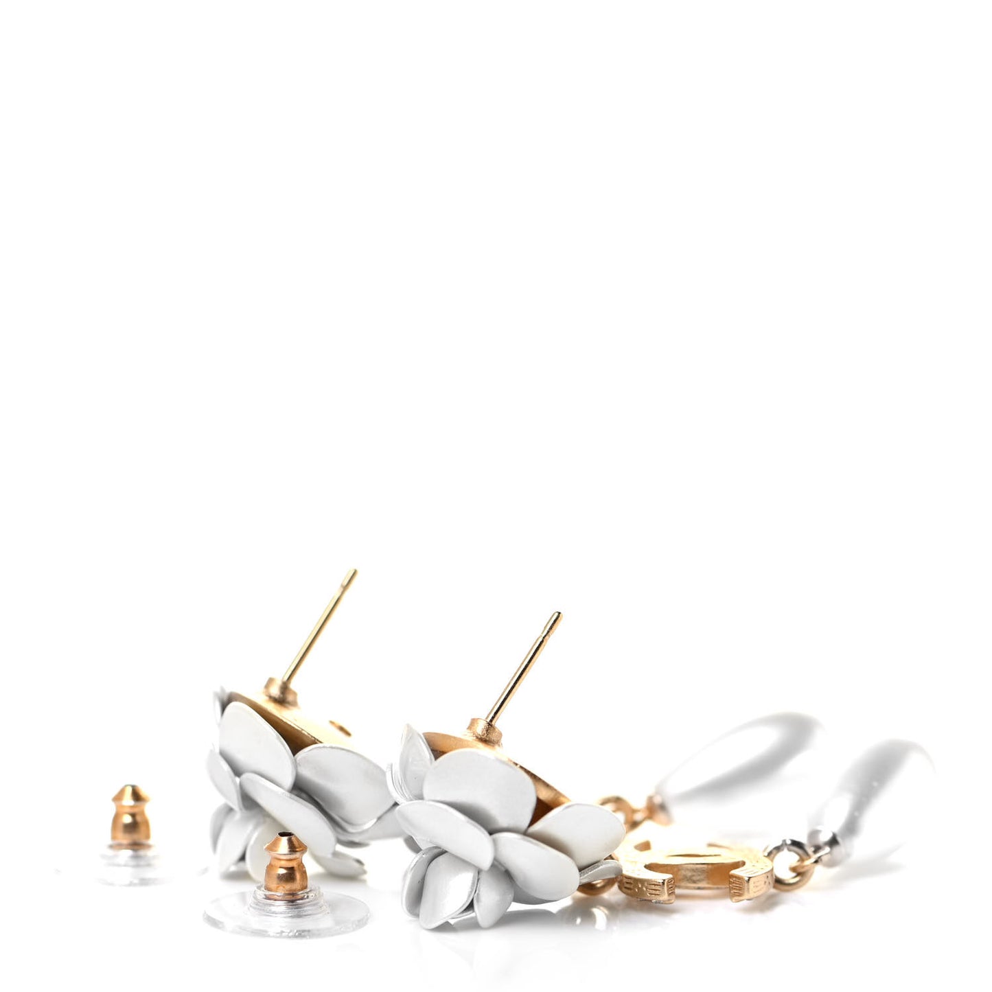 Metal Crystal Pearl 90s Camellia CC Drop Earrings Gold