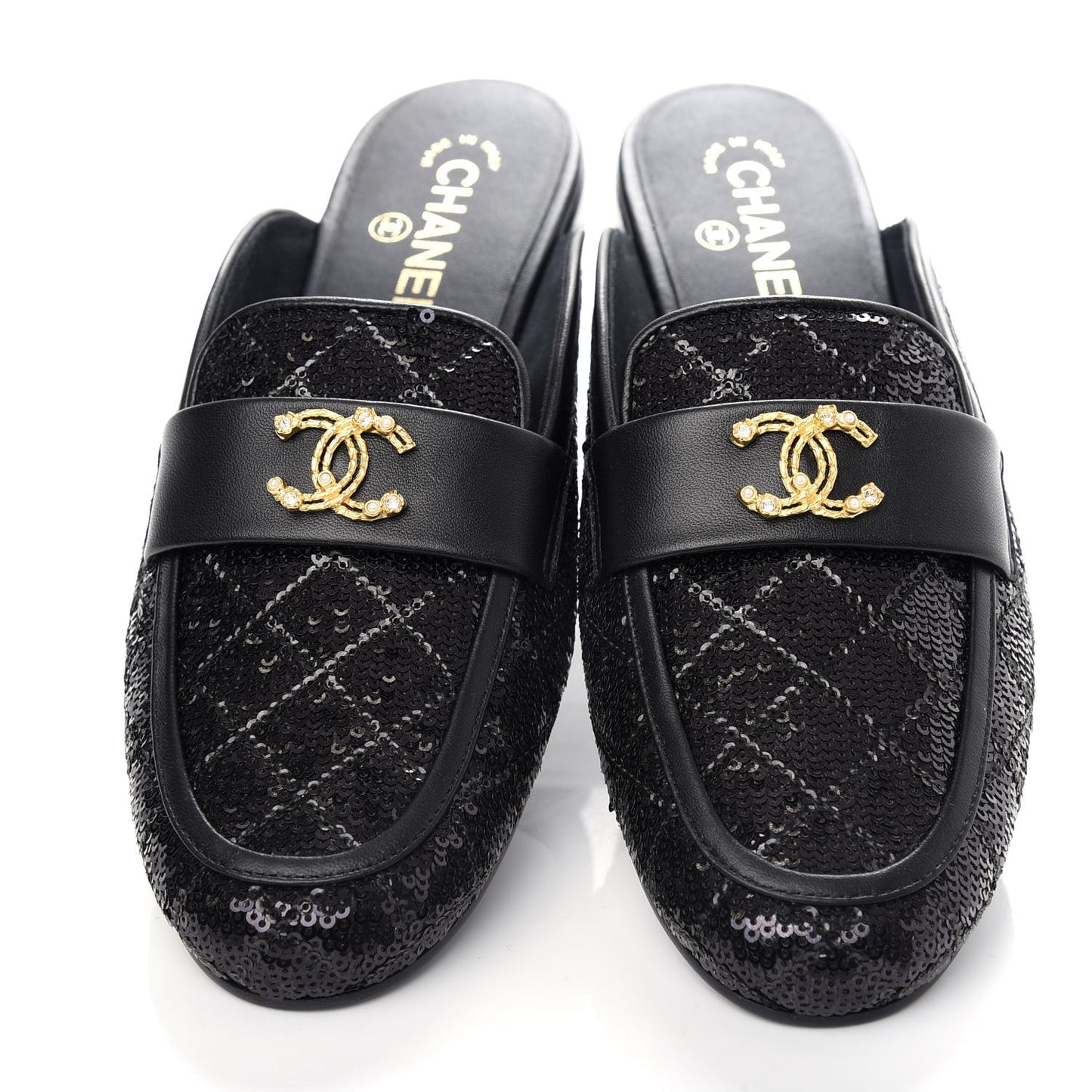 Sequin Lambskin Quilted CC Mules 41 Black