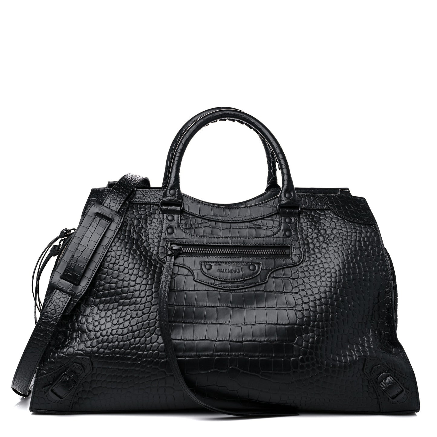 Semi Matte Calfskin Crocodile Embossed Neo Classic Black Hardware Large City Black