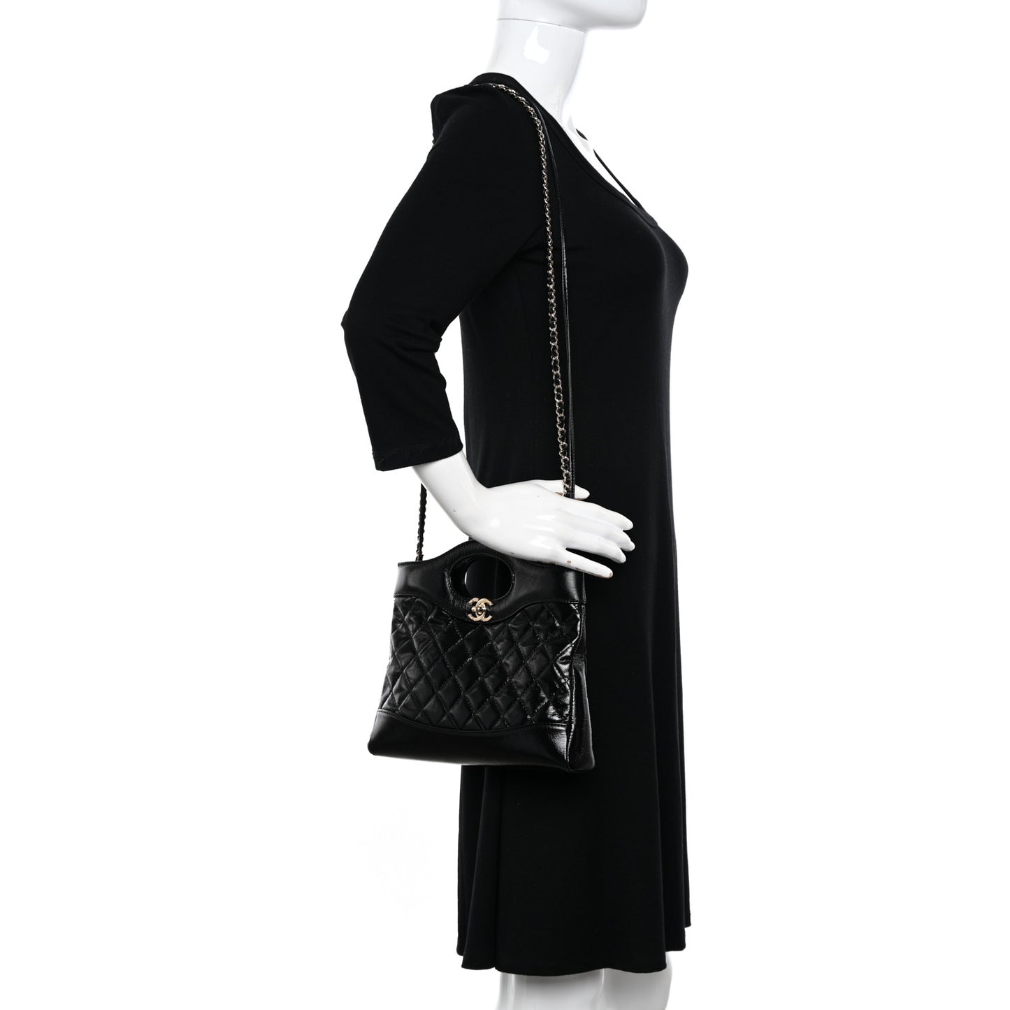 Shiny Crumpled Calfskin Quilted Mini 31 Shopping Bag Black
