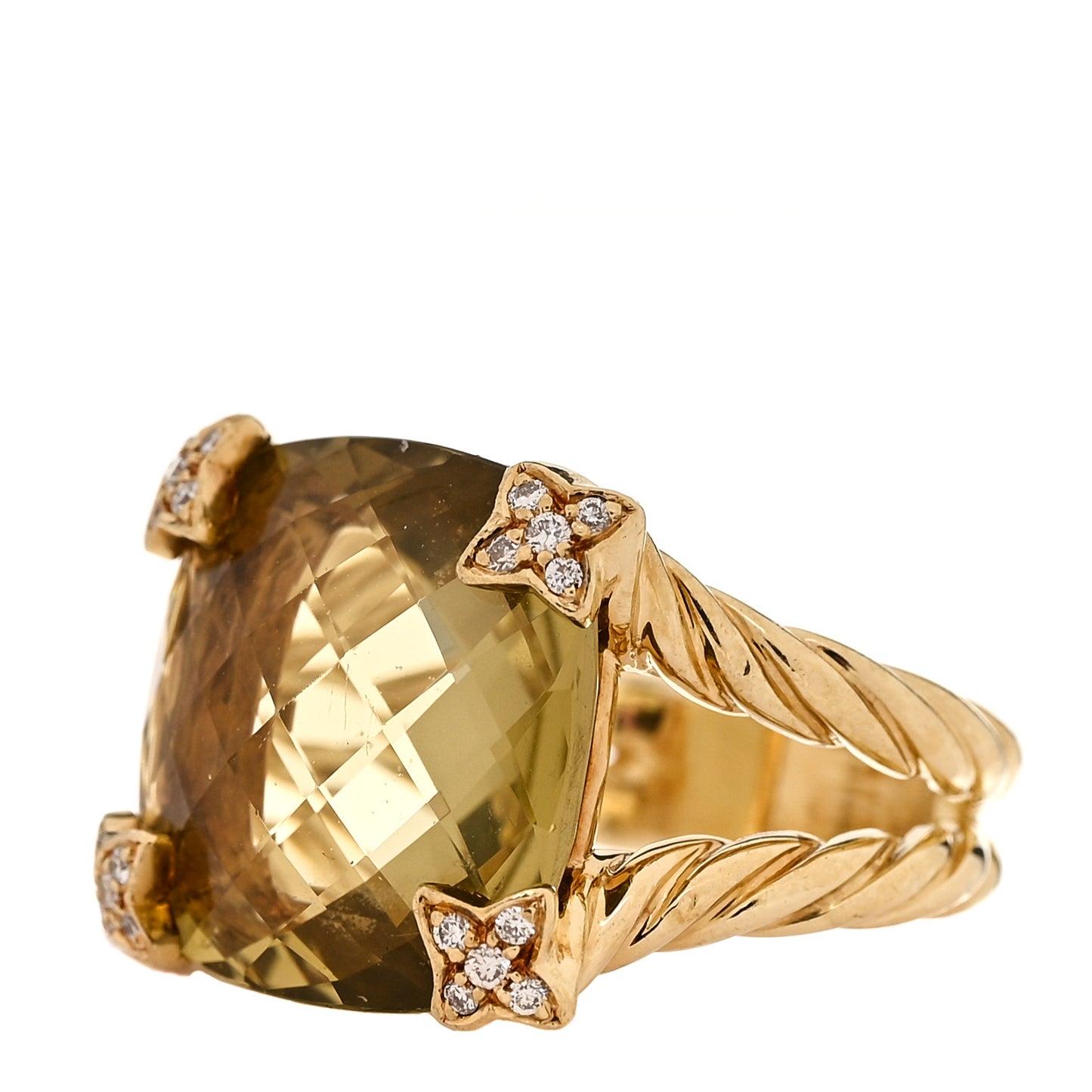 18K Yellow Gold Citrine Diamond 15mm Cushion On Point Ring 49 5