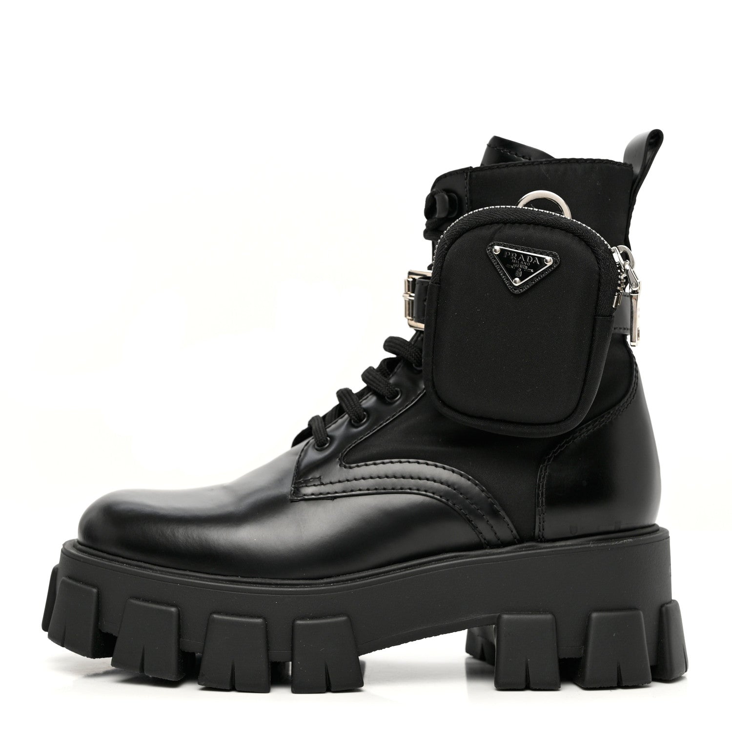 Prada Spazzolato Rois Nylon Metal Triangle Logo Monolith Pouch Pocket 55mm Boots 38 Black 1 of 9