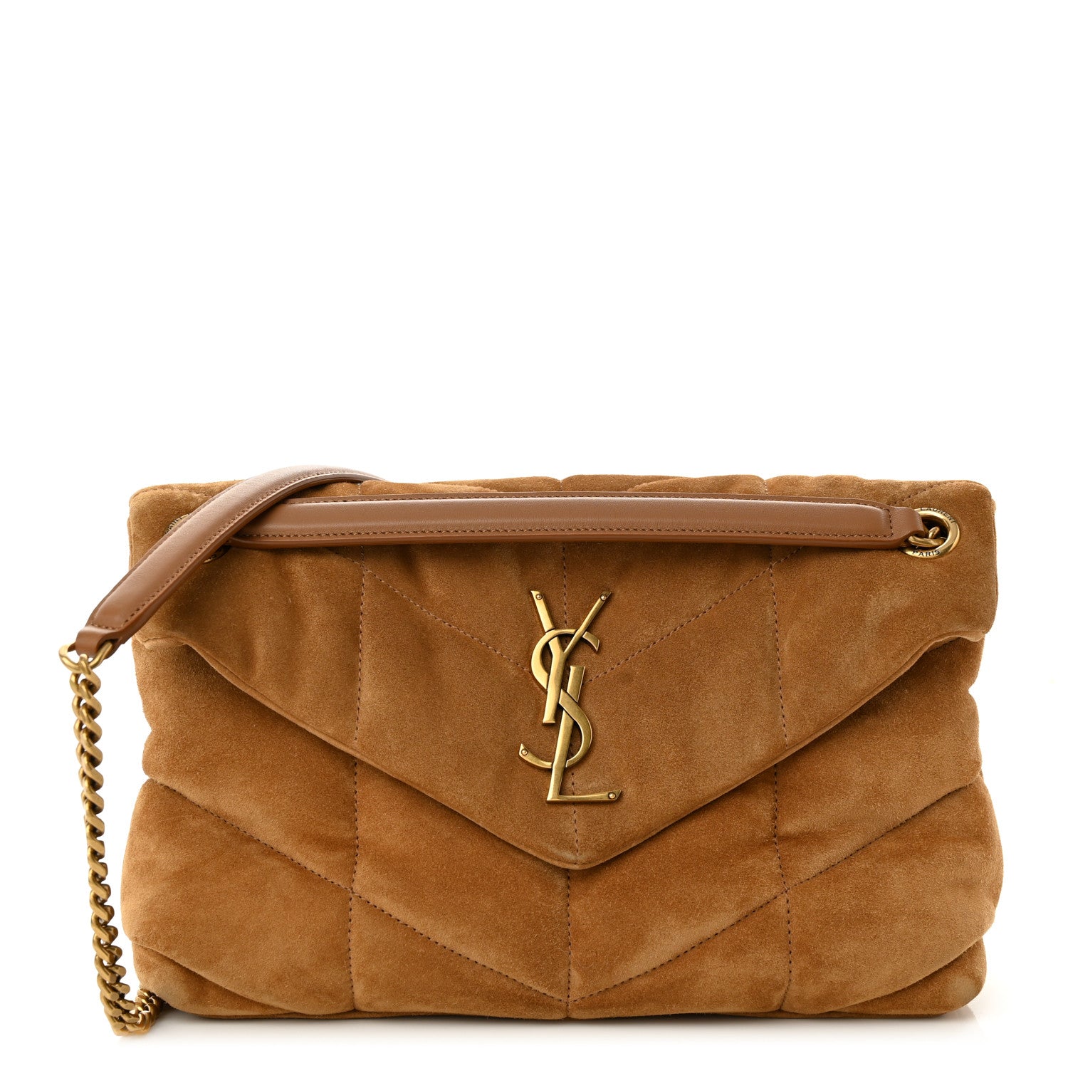 Saint Laurent Suede Calfskin Quilted Small Loulou Puffer Monogram Chain Satchel Cinnamon 1 of 11