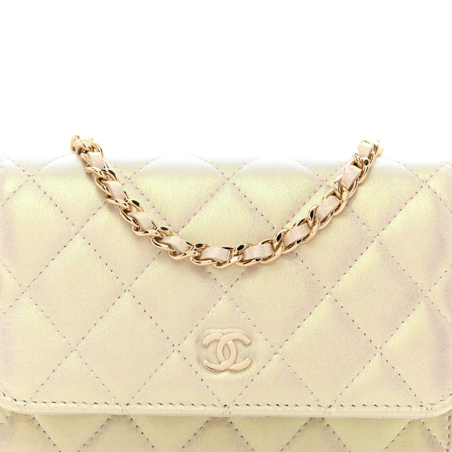 Iridescent Lambskin Quilted Mini Wallet On Chain WOC Ivory