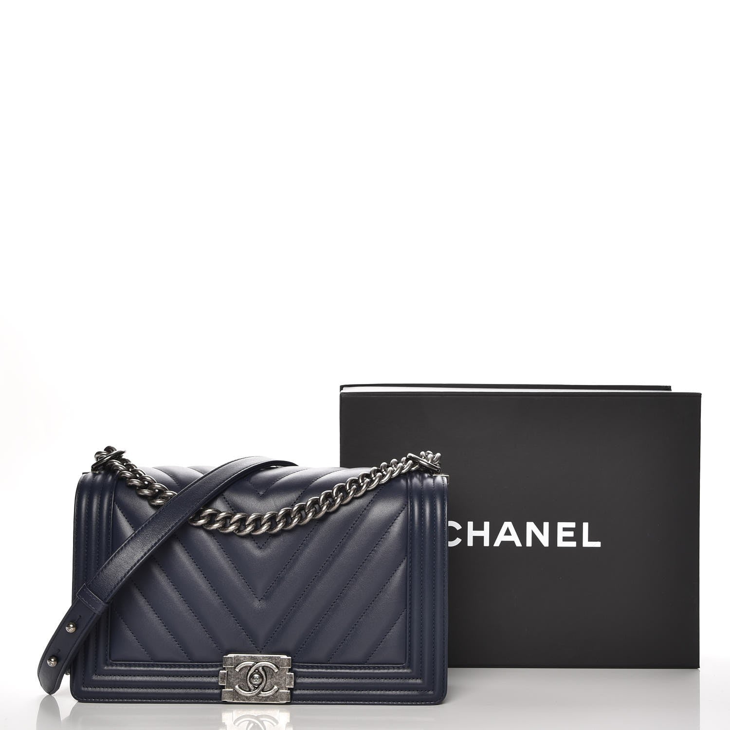 Chanel Calfskin Chevron New Medium Boy Flap Dark Navy Blue 8 of 8