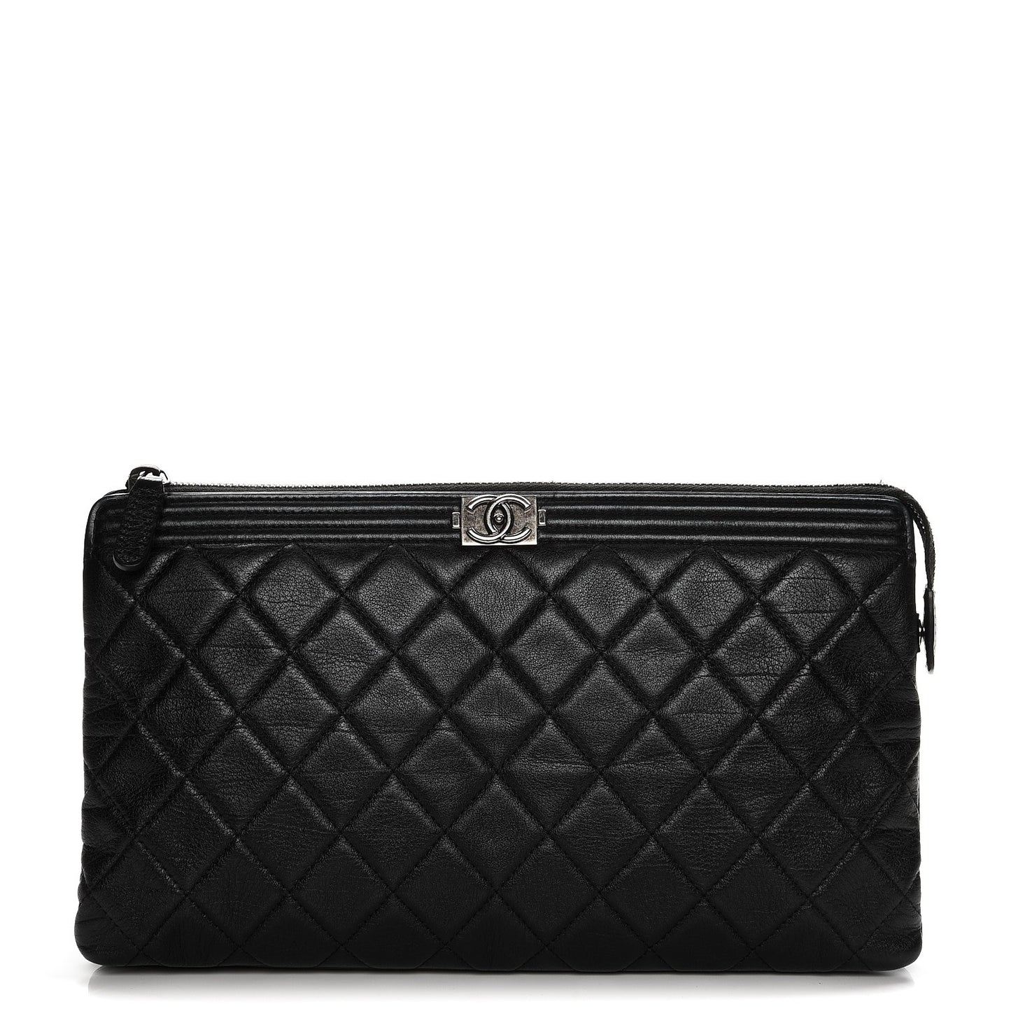 Calfskin Quilted Small Zipped Boy Pouch Black